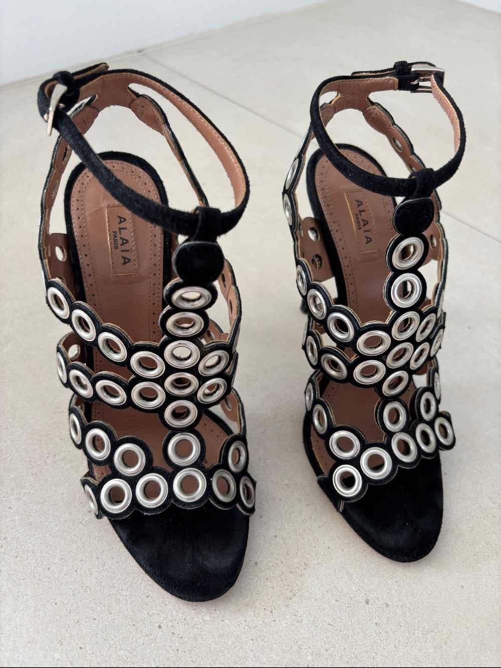 Alaia Black Suede Grommet-Strap Heels